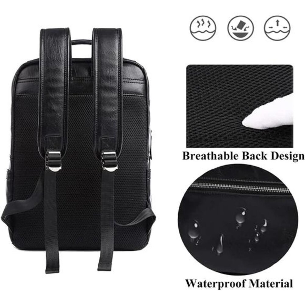 Black Leather Backpack with USB Charging Port - Picture 4 of 7